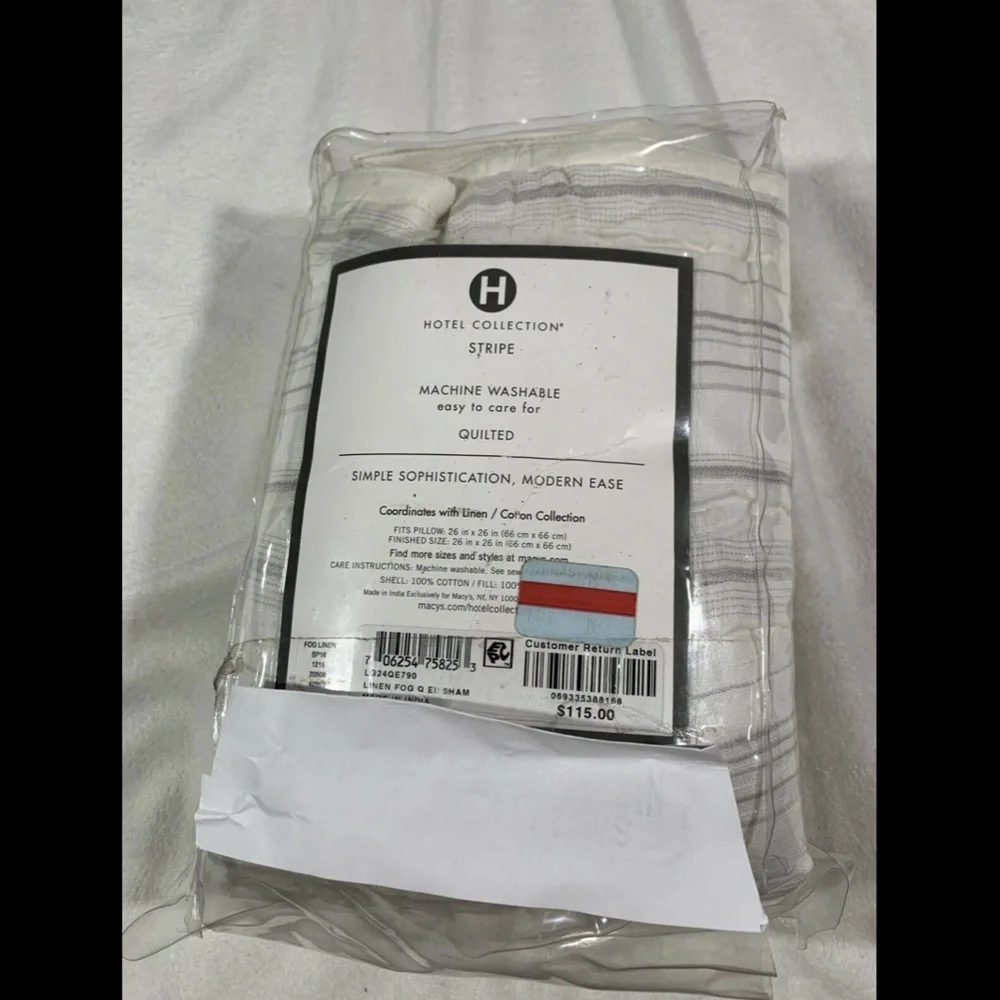 NIB Hotel Collection‎ Linen Fog Quilted (1) European Sham Pillow Case
